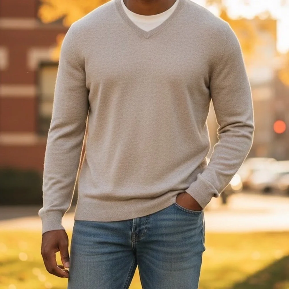 Banana Republic V-Neck Sweater Mens L Tan Excellent Cotton Blend Knit RN54023